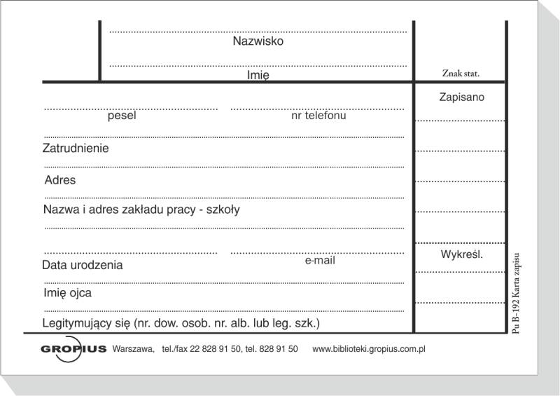 KARTY ZAPISU RODO - Dla Bibliotek GROPIUS